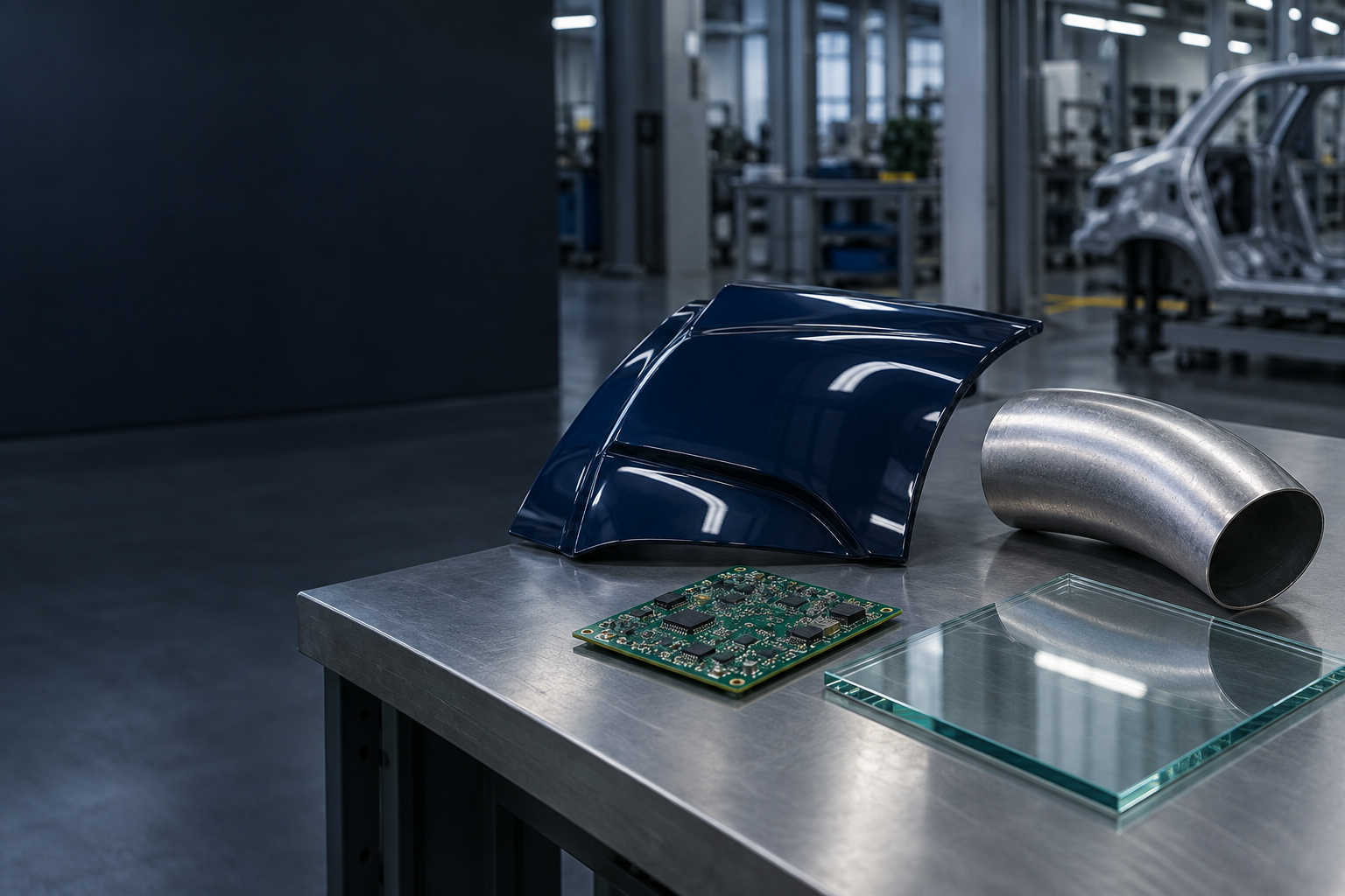 Painted metal, steel pipe, circuit board and glass samples representing inspection materials