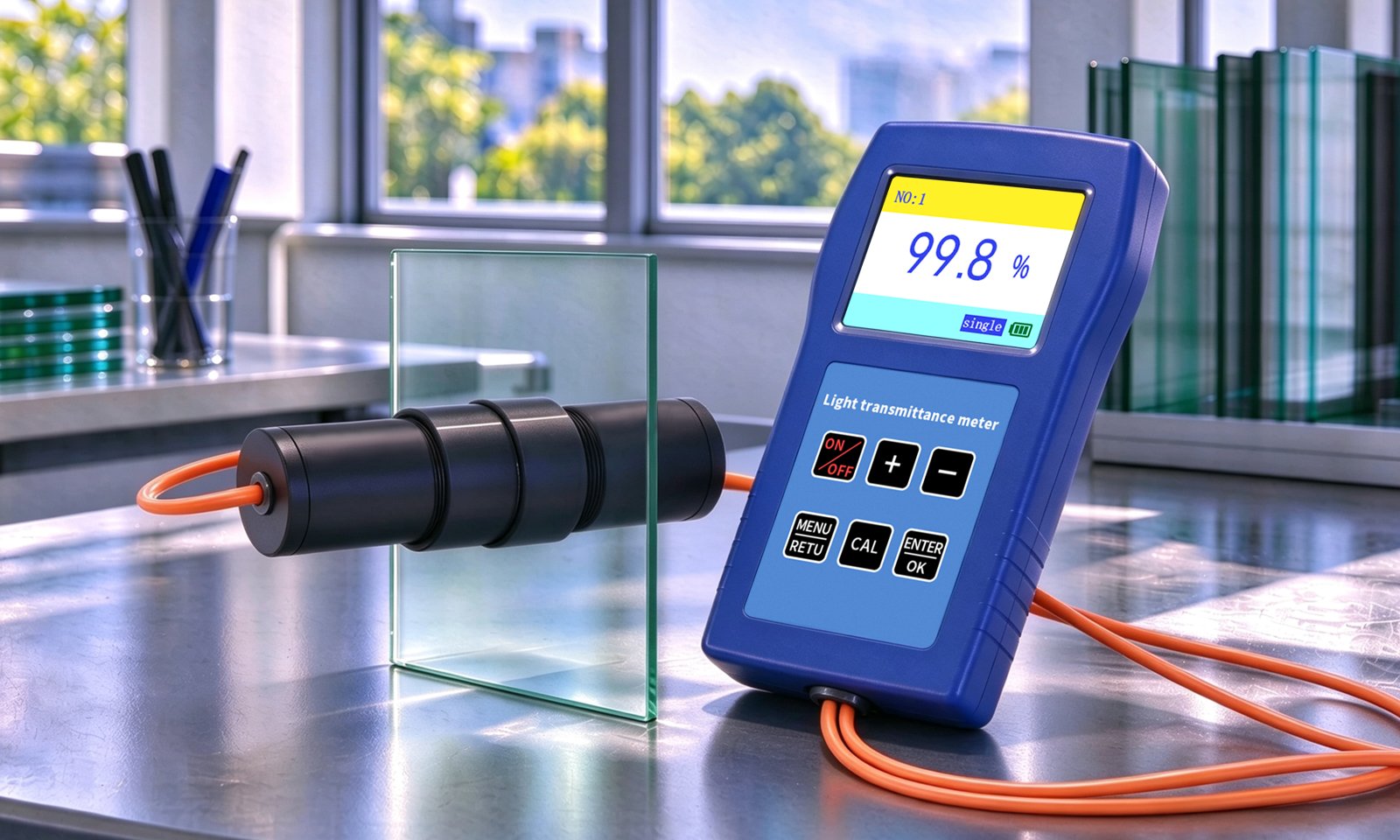 Testing glass light transmittance with a handheld instrument