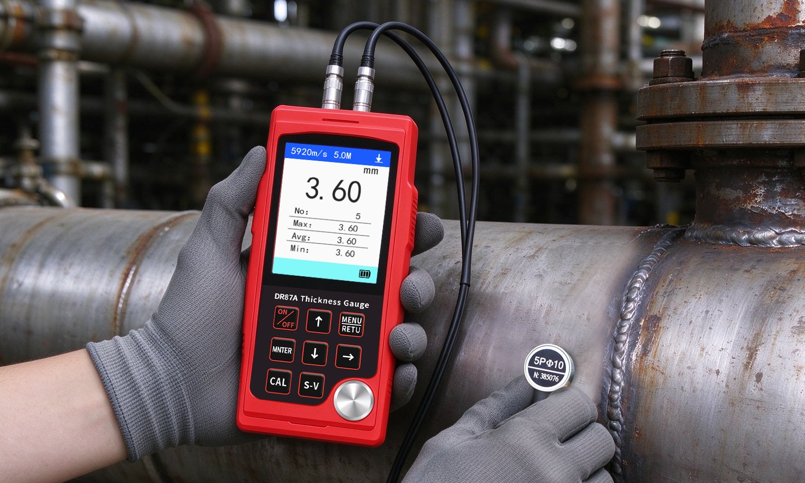 Ultrasonic wall thickness inspection on an industrial pipe
