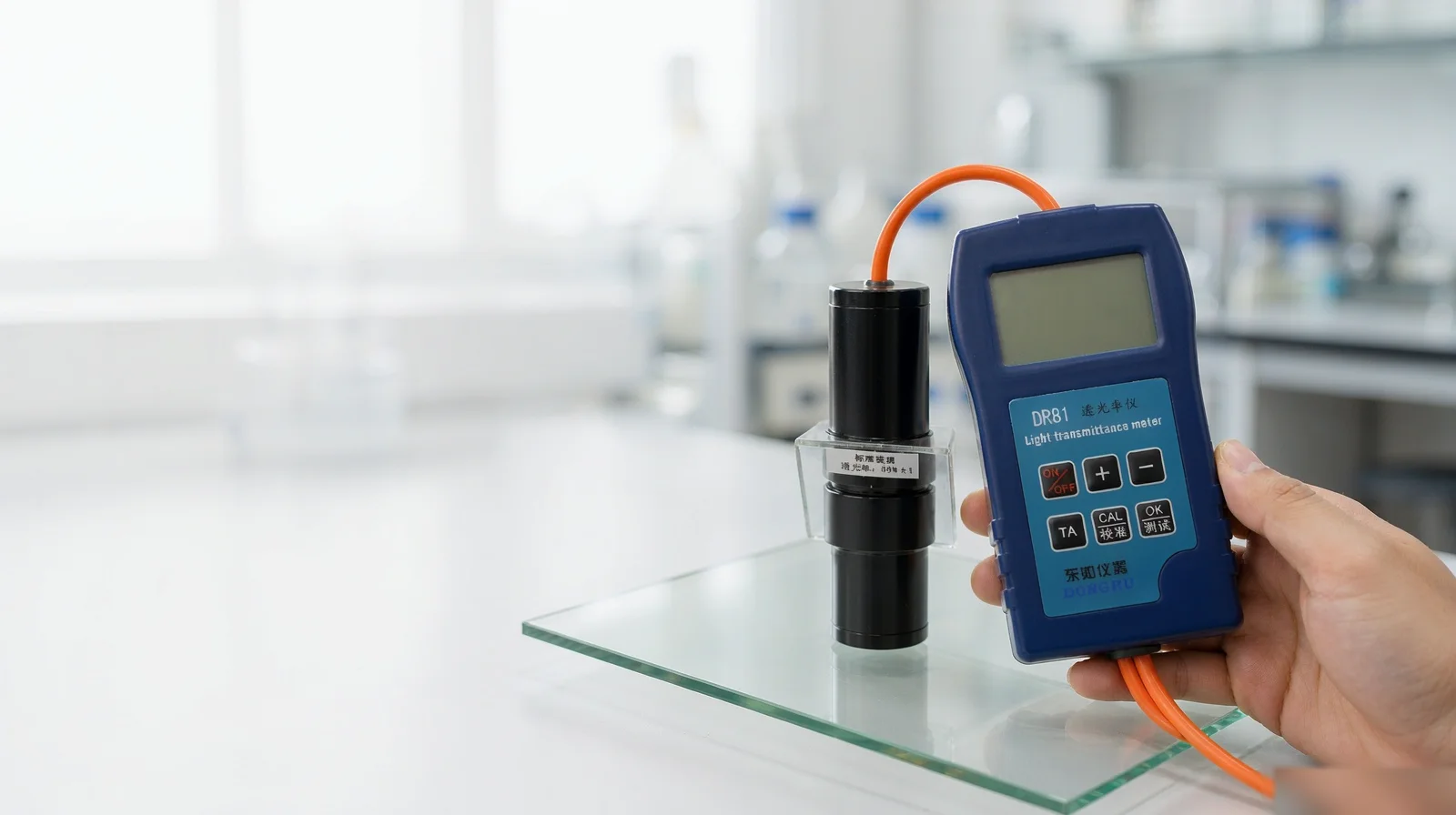 DR81 handheld optical transmittance meter on glass