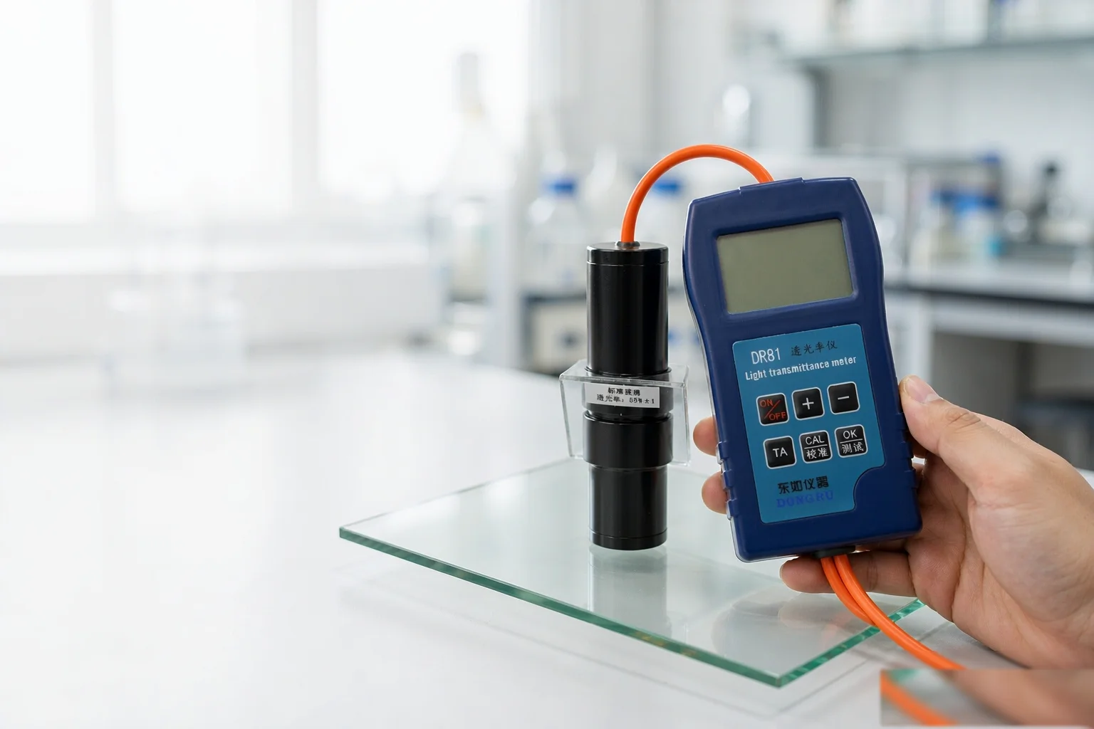 Testing glass light transmittance with a handheld instrument
